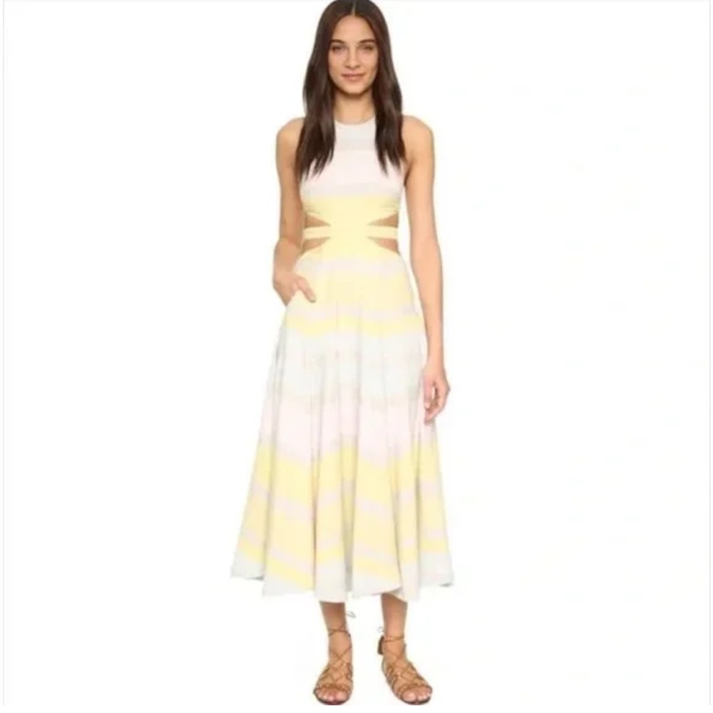 Mara Hoffman Cut Out Striped White and  Pastel Yellow Midi Dress Sz 0